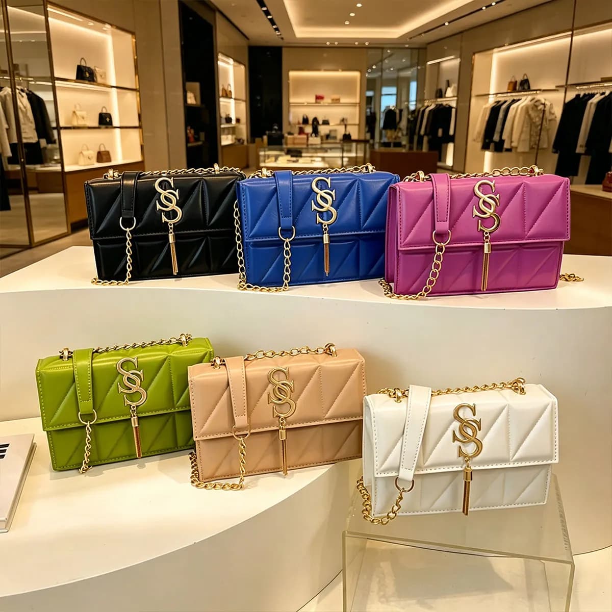 Fashionable Elegant Argyle Quilted Small Square Bag Exquisite Metal Letter Tassel Diagonal Cross Bag Commuter Shoulder Bag