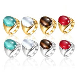 Oval Cat Eye Stone Stainless Steel Ring Gold Silver Plated Multi-color Statement Ring for Women Men