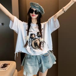 Vintage Ripped Short Sleeve T-shirts Women Casual Summer Graphic Tee Oversized T-shirt Streetwear Fashion Baggy Crop Top