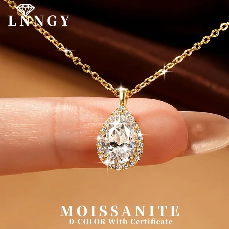 Lnngy 2.5CT Pear Cut Moissanite Diamond Necklace 14K Gold Filled Waterdrop Halo Pendant Necklaces for Valentine's Day Jewelry
