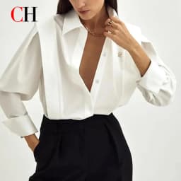 CH A Ladies' Casual Cotton Top with Embroidery and Long Sleeves - Perfect for Daily Office Wear.