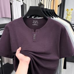 Men's Soft Fabric Henley Neck T Shirt With Three Button Detail Short Sleeve Casual And Comfortable Top