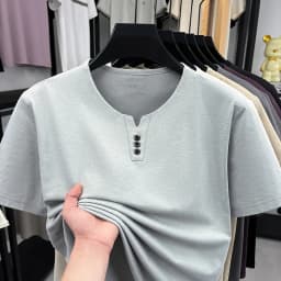 Men's Soft Fabric Henley Neck T Shirt With Three Button Detail Short Sleeve Casual And Comfortable Top