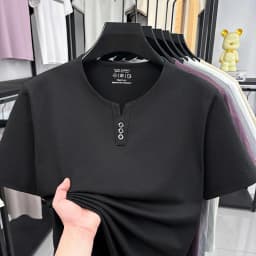 Men's Soft Fabric Henley Neck T Shirt With Three Button Detail Short Sleeve Casual And Comfortable Top
