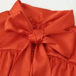 Women‘s Bow Tie High Neck Satin Blouse Orange Long Sleeve Pleated Loose Fit Elegant 2026 Office Workwear Top