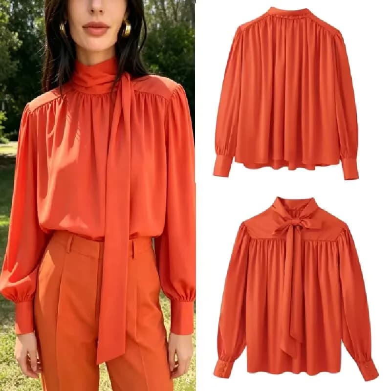 Women‘s Bow Tie High Neck Satin Blouse Orange Long Sleeve Pleated Loose Fit Elegant 2026 Office Workwear Top