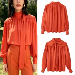 Women‘s Bow Tie High Neck Satin Blouse Orange Long Sleeve Pleated Loose Fit Elegant 2026 Office Workwear Top
