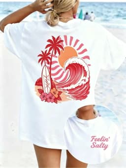 Feelin' Salty Beach Print T-shirt Palm Tree Wave Sun Graphic Short Sleeve Tops Women Spring Summer Vacation Casual Tee