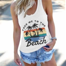 Women Vintage Take Me To The Beach Graphic Racerback Tank Top Summer Vacation Retro Sunset Palm Tree Sleeveless Basic-Fit Vest