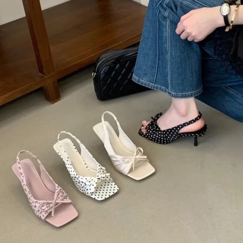 2026 Summer Women Floral Polka Dot Slingback Sandals Square Open Toe Elegant Ladies Office Daily Dating Dress Fashion Pumps
