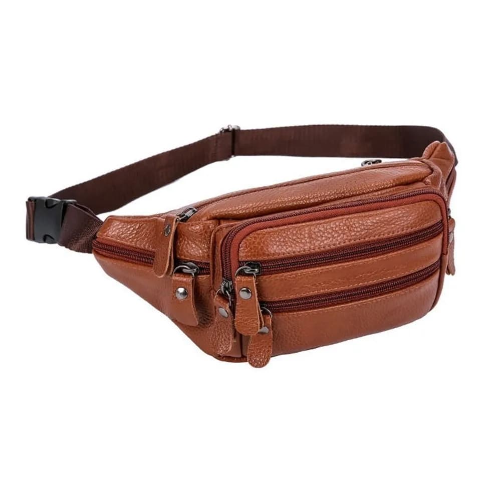 Solid Color Genuine Leather Fanny Bag Adjustable Buckle Strap Waterproof Travel Waist Bag Zipper Large Capacity Hip Belt Bag