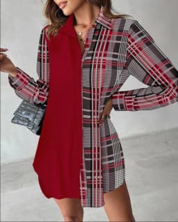 Women's Long Sleeve Button Down Shirt Dress with Gold Chain and Baroque Print, Collared Tunic Top for Casual Wear