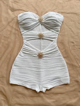Summer White Bodycon Romper, Strapless with Sun Metal Accents