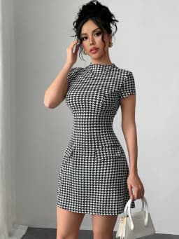 Elegant Women's Faux Pocket Houndstooth Dress