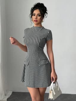 Elegant Women's Faux Pocket Houndstooth Dress