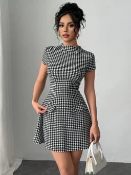 Elegant Women's Faux Pocket Houndstooth Dress