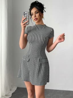 Elegant Women's Faux Pocket Houndstooth Dress