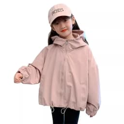 2026 Spring Autumn Kids Girls Hooded Jacket Solid Color Splicing Zipper Loose Casual Windbreaker Outerwear Kids Waterproof Coat