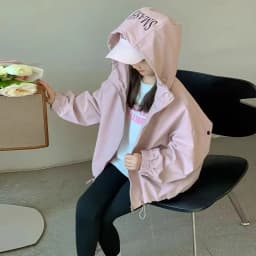 2026 Spring Autumn Kids Girls Hooded Jacket Solid Color Splicing Zipper Loose Casual Windbreaker Outerwear Kids Waterproof Coat
