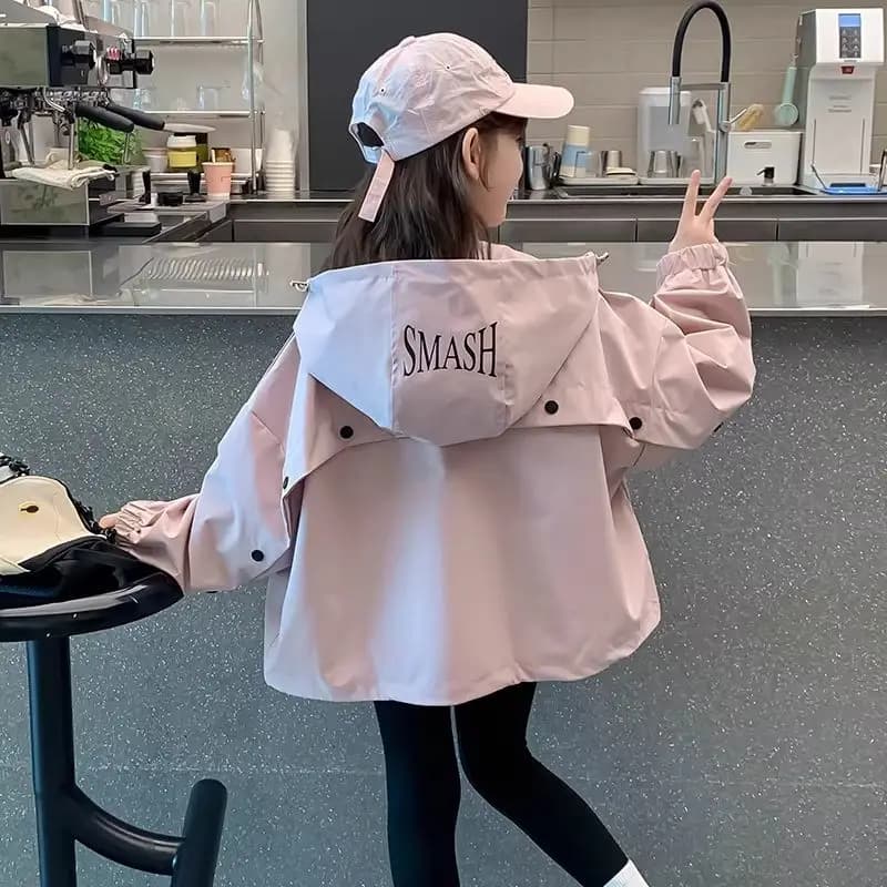 2026 Spring Autumn Kids Girls Hooded Jacket Solid Color Splicing Zipper Loose Casual Windbreaker Outerwear Kids Waterproof Coat