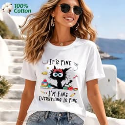 Women's It's Fine I'm Fine Everything Is Fine Cat Print T-Shirt 100% Cotton Funny Casual Short Sleeve Tee