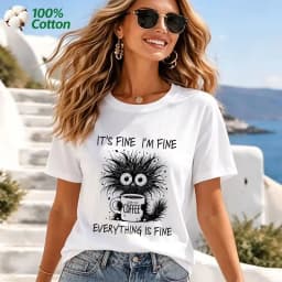 Women's It's Fine I'm Fine Everything Is Fine Cat Print T-Shirt 100% Cotton Funny Casual Short Sleeve Tee