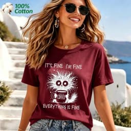 Women's It's Fine I'm Fine Everything Is Fine Cat Print T-Shirt 100% Cotton Funny Casual Short Sleeve Tee