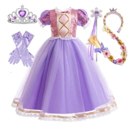 2026 Summer Girls Birthday Rapunzel Puffy Princess Dress Purple Sequin Lace Elegant Frock Kid Party Role Play Halloween Costume