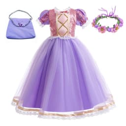 2026 Summer Girls Birthday Rapunzel Puffy Princess Dress Purple Sequin Lace Elegant Frock Kid Party Role Play Halloween Costume