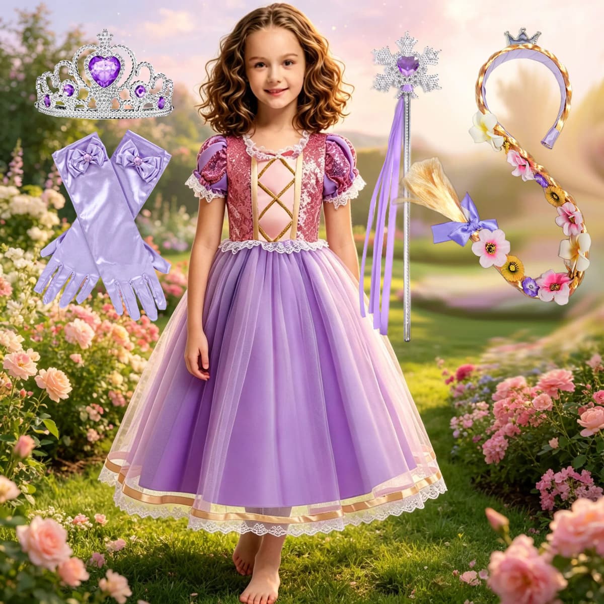 2026 Summer Girls Birthday Rapunzel Puffy Princess Dress Purple Sequin Lace Elegant Frock Kid Party Role Play Halloween Costume