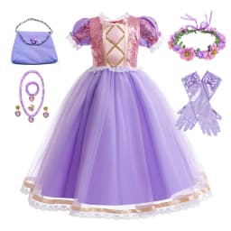 2026 Summer Girls Birthday Rapunzel Puffy Princess Dress Purple Sequin Lace Elegant Frock Kid Party Role Play Halloween Costume