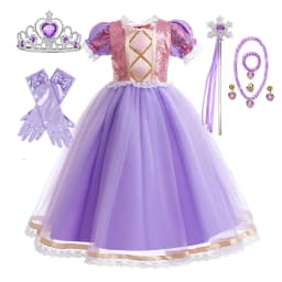 2026 Summer Girls Birthday Rapunzel Puffy Princess Dress Purple Sequin Lace Elegant Frock Kid Party Role Play Halloween Costume