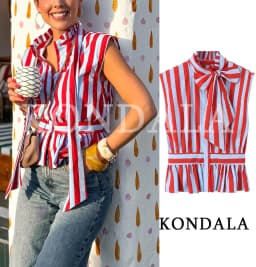 KONDALA Women Contrasting Bow Shirt Vest Summer Trendy Leisure Holiday Sleeveless Shirt New 2026 Female Elegant Chic Striped Top