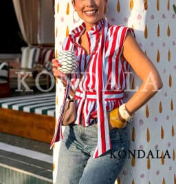 KONDALA Women Contrasting Bow Shirt Vest Summer Trendy Leisure Holiday Sleeveless Shirt New 2026 Female Elegant Chic Striped Top