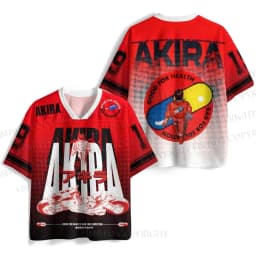 2026 Men's Oversized AKIRA Anime Mesh Jersey T-shirt, Retro Kaneda & Red Bike Print, Casual Streetwear V-Neck Short Sleeve Top