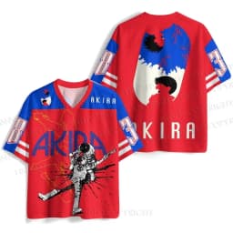 2026 Men's Oversized AKIRA Anime Mesh Jersey T-shirt, Retro Kaneda & Red Bike Print, Casual Streetwear V-Neck Short Sleeve Top