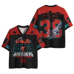 2026 Men's Oversized AKIRA Anime Mesh Jersey T-shirt, Retro Kaneda & Red Bike Print, Casual Streetwear V-Neck Short Sleeve Top