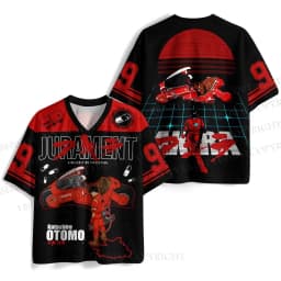2026 Men's Oversized AKIRA Anime Mesh Jersey T-shirt, Retro Kaneda & Red Bike Print, Casual Streetwear V-Neck Short Sleeve Top