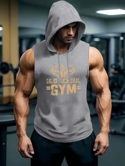 Men's Old School Gym Print Sleeveless Hoodie Tank Top - Bodybuilding Workout Hooded Vest, Breathable Muscle Fitness T-shirt for