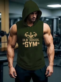 Men's Old School Gym Print Sleeveless Hoodie Tank Top - Bodybuilding Workout Hooded Vest, Breathable Muscle Fitness T-shirt for