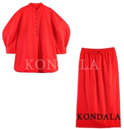 KONDALA Elegant Chic Red Midi Skirt Set Women Minimalist Trendy Puff Sleeve Shirt, Drawstring Skirt 2026 Spring Lady Leisure Set