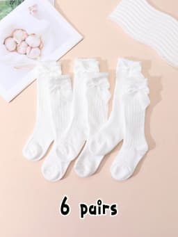 6 Pairs of Girls' White Bow Decorated Ankle-Length Stockings, Soft and Comfortable, Suitable for Daily Casual Wear as a Complete Outfit