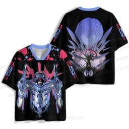 New Anime Evangelion Rei Ayanami Unit-00 Print Mesh Jersey T-shirt Men Oversized Streetwear V-Neck Casual Short Sleeve Tops