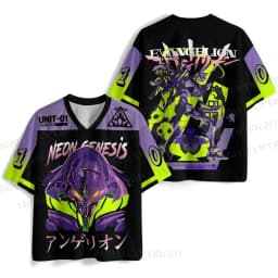 New Anime Evangelion Rei Ayanami Unit-00 Print Mesh Jersey T-shirt Men Oversized Streetwear V-Neck Casual Short Sleeve Tops