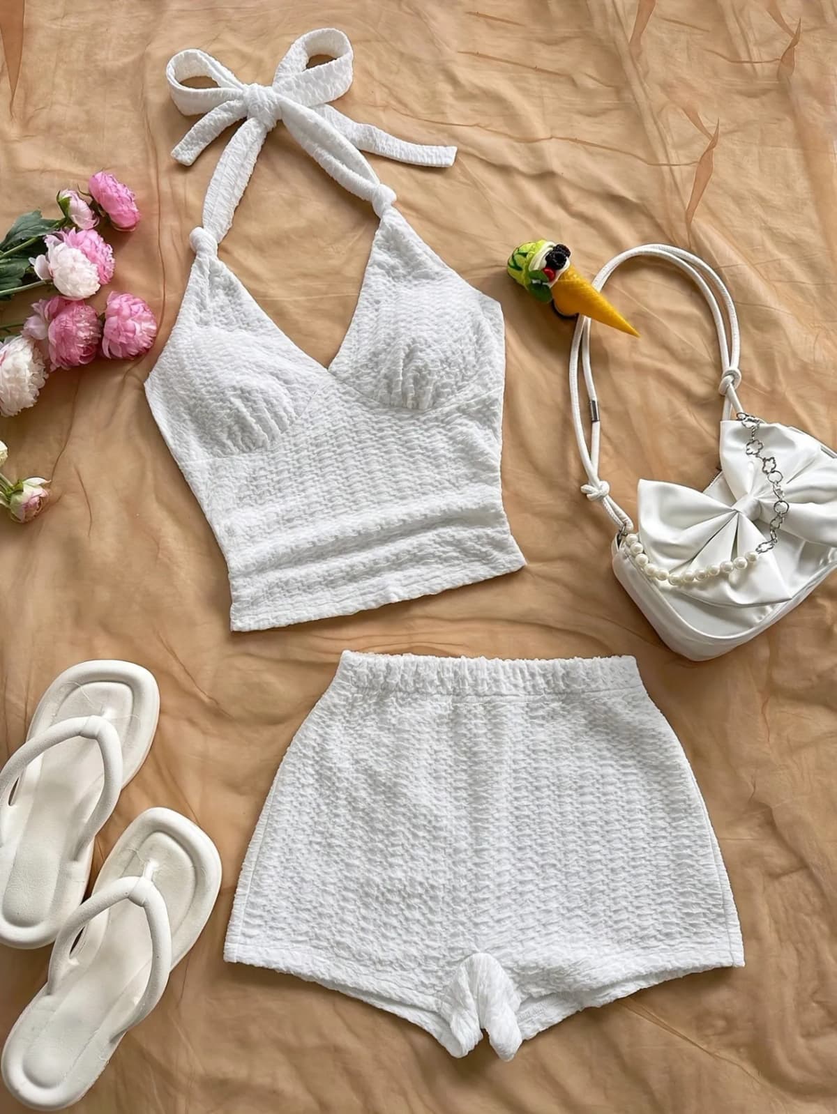 Summer White Halter Top and Shorts Set, Casual Beach Outfit