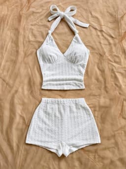 Summer White Halter Top and Shorts Set, Casual Beach Outfit