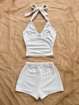 Summer White Halter Top and Shorts Set, Casual Beach Outfit