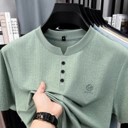 Mens Embroidered Logo Henley T Shirt Short Sleeve Slim Fit Casual Style Suitable For Daily Wear And Weekend Getaways