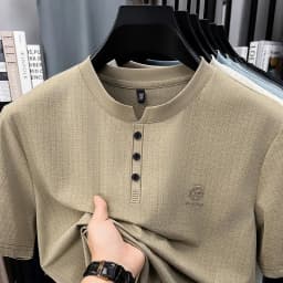 Mens Embroidered Logo Henley T Shirt Short Sleeve Slim Fit Casual Style Suitable For Daily Wear And Weekend Getaways