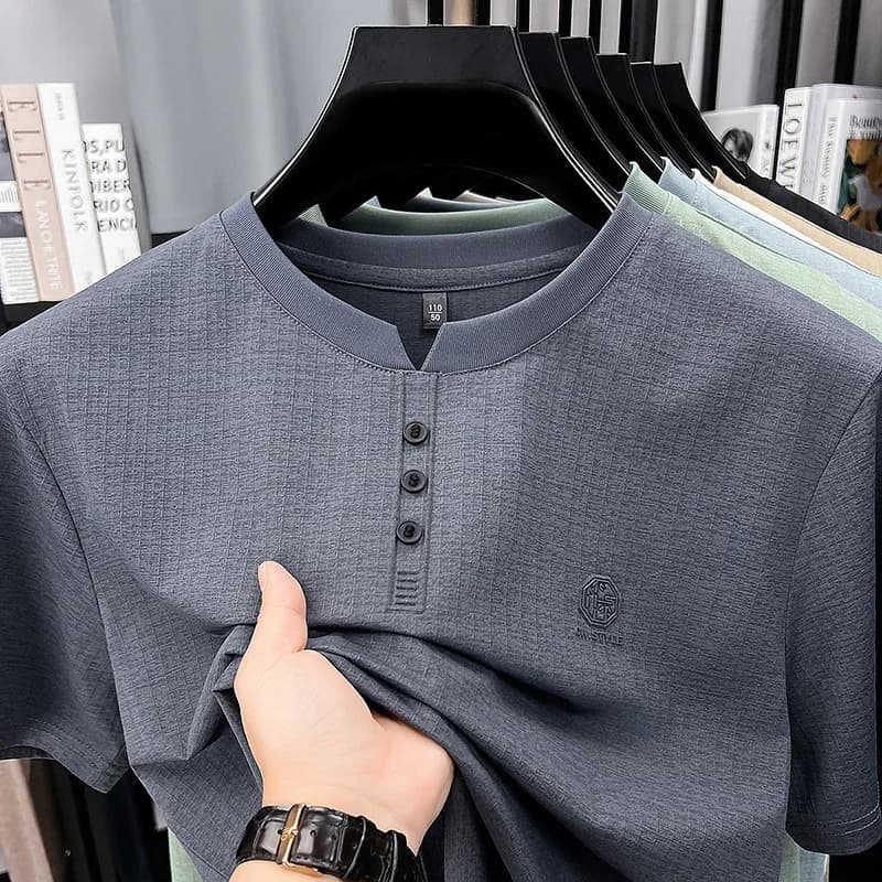 Mens Embroidered Logo Henley T Shirt Short Sleeve Slim Fit Casual Style Suitable For Daily Wear And Weekend Getaways